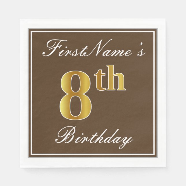 Serviettes Jetables Elégant Brown, Faux Gold 8e anniversaire; Nom pers (Devant)