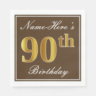 Serviettes Jetables Elégant Brown, Faux Gold 90e anniversaire + Nom