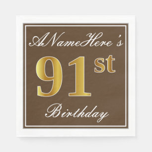 Serviettes Jetables Elégant Brown, Faux Gold 91ème Anniversaire + Nom