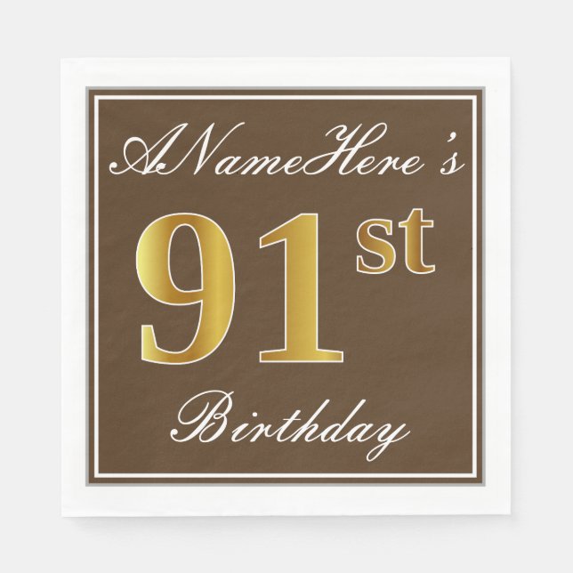 Serviettes Jetables Elégant Brown, Faux Gold 91ème Anniversaire + Nom (Devant)