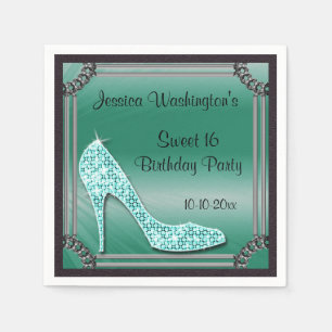 Serviettes Jetables Élégant cadre argent stiletto sarcelle Sweet 16