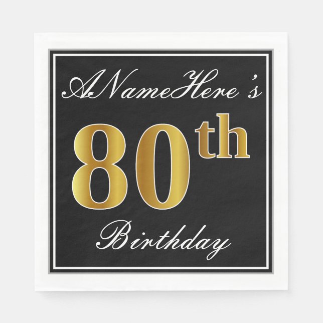 Serviettes Jetables Elégant, Faux Gold 80e anniversaire + Nom personna (Devant)