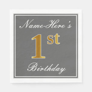 Serviettes Jetables Elegant Grey, Faux Gold 1er Anniversaire + Nom per
