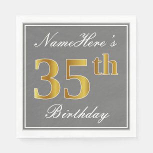 Serviettes Jetables Elégant Grey, Faux Gold 35e anniversaire; Nom pers
