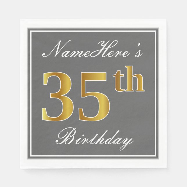 Serviettes Jetables Elégant Grey, Faux Gold 35e anniversaire; Nom pers (Devant)