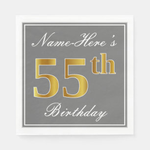 Serviettes Jetables Elégant Grey, Faux Gold 55e anniversaire; Nom pers