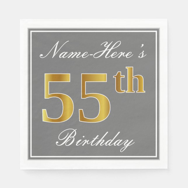 Serviettes Jetables Elégant Grey, Faux Gold 55e anniversaire; Nom pers (Devant)
