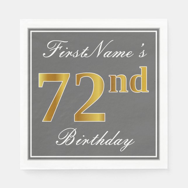 Serviettes Jetables Elégant Grey, Faux Gold 72e anniversaire; Nom pers (Devant)