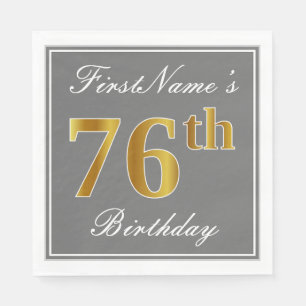 Serviettes Jetables Elégant Grey, Faux Gold 76e anniversaire; Nom pers