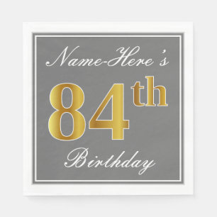Serviettes Jetables Elégant Grey, Faux Gold 84e anniversaire; Nom pers