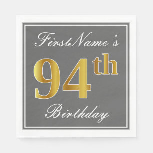 Serviettes Jetables Elégant Grey, Faux Gold 94e anniversaire; Nom pers