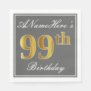 Serviettes Jetables Elégant Grey, Faux Gold 99e anniversaire; Nom pers