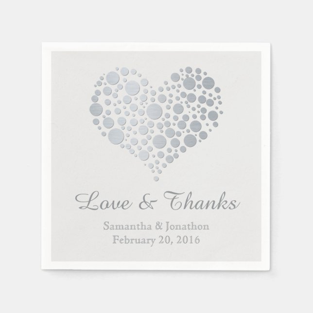 Serviettes Jetables Élégant Mariage Faux Argent Foil Heart (Devant)