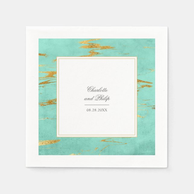 Serviettes Jetables Elégant Mint et Motif en marbre or Mariage (Devant)