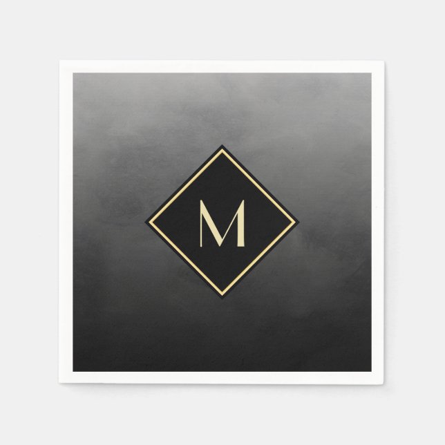Serviettes Jetables Élégant Noir Brossé Avec Monogramme Or Simple (Devant)