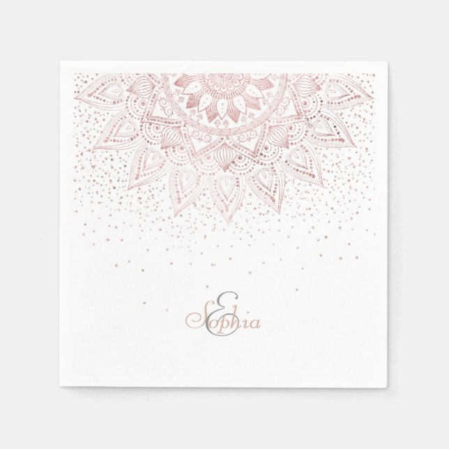 Serviettes Jetables Elégant Rose Gold Dots Mandala (Devant)