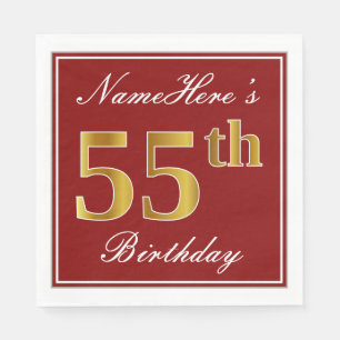 Serviettes Jetables Elégant Rouge, Faux Gold 55e anniversaire + Nom pe