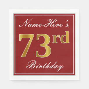 Serviettes Jetables Elégant Rouge, Faux Gold 73e anniversaire + Nom pe