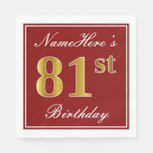 Serviettes Jetables Elégant Rouge, Faux Gold 81ème Anniversaire + Nom 