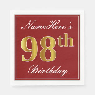 Serviettes Jetables Elégant Rouge, Faux Gold 98ème Anniversaire + Nom 