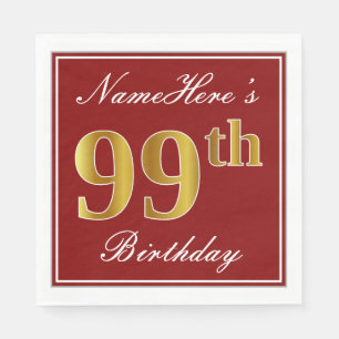 Serviettes Jetables Elégant Rouge, Faux Gold 99e anniversaire + Nom pe