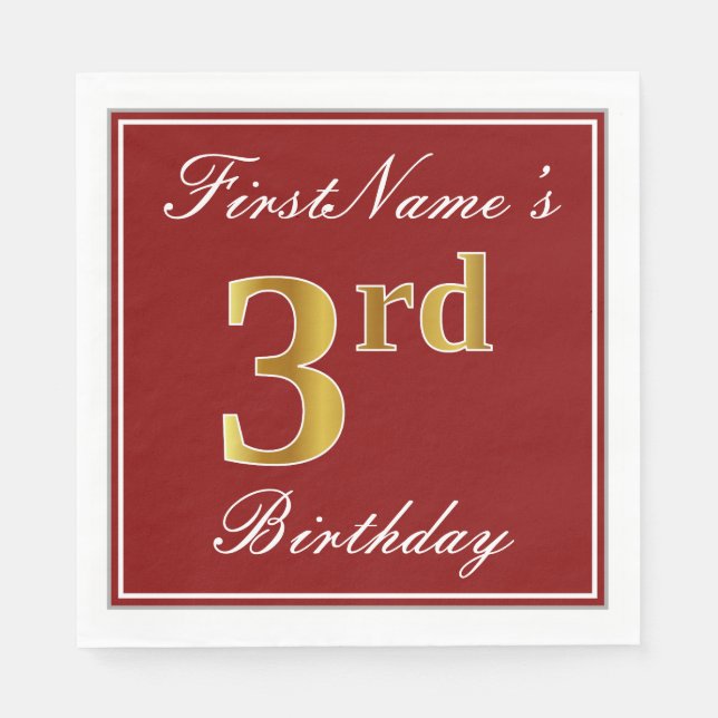 Serviettes Jetables Elégant Rouge, Faux Or 3ème Anniversaire + Nom per (Devant)