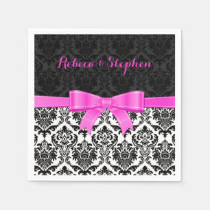 Serviettes Jetables Élégant ruban rose noir et blanc Damas 2