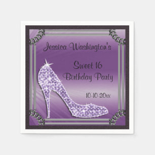 Serviettes Jetables Élégant Stiletto Lilac Cadre Argent Sweet 16