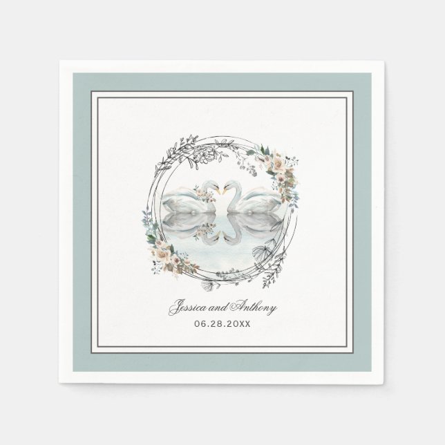 Serviettes Jetables Elégant Swans Aquarelle Mariage Floral (Devant)