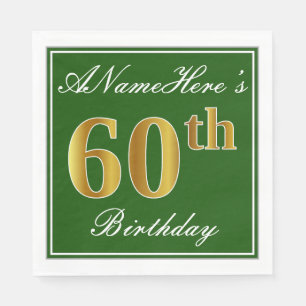 Serviettes Jetables Elégant Vert, Faux Gold 60e anniversaire + Nom