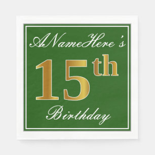 Serviettes Jetables Elégant Vert, Faux Or 15ème Anniversaire + Nom