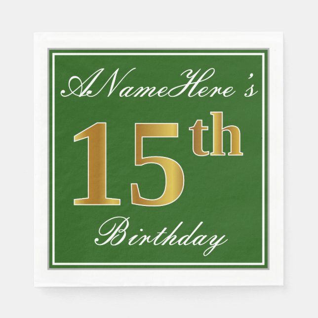 Serviettes Jetables Elégant Vert, Faux Or 15ème Anniversaire + Nom (Devant)