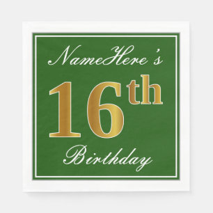 Serviettes Jetables Elégant Vert, Faux Or 16ème Anniversaire + Nom