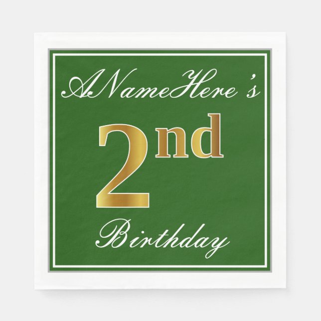 Serviettes Jetables Elégant Vert, Faux Or 2ème Anniversaire ; Nom pers (Devant)