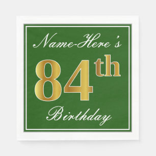 Serviettes Jetables Elégant Vert, Faux Or 84ème Anniversaire + Nom