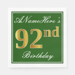 Serviettes Jetables Elégant Vert, Faux Or 92ème Anniversaire + Nom