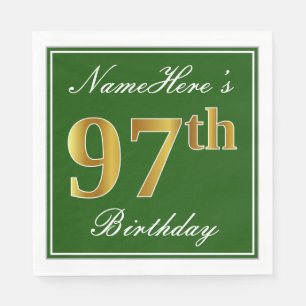 Serviettes Jetables Elégant Vert, Faux Or 97ème Anniversaire + Nom