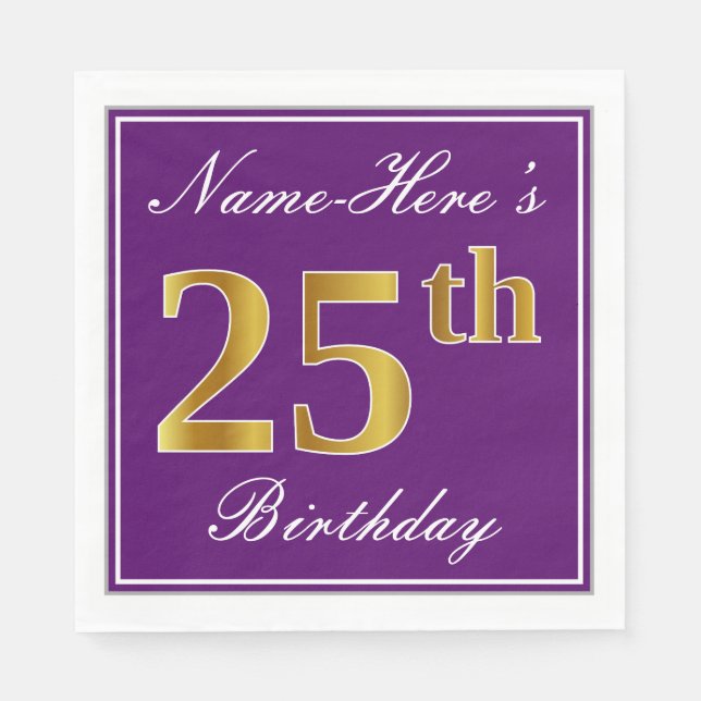 Serviettes Jetables Élégant violet, Faux Gold 25ème anniversaire + Nom (Devant)