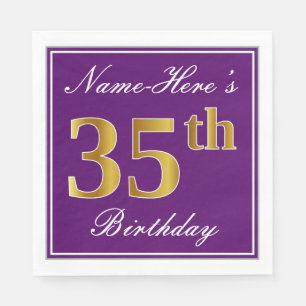 Serviettes Jetables Elégant violet, Faux Gold 35ème anniversaire + Nom