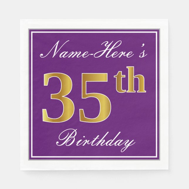 Serviettes Jetables Elégant violet, Faux Gold 35ème anniversaire + Nom (Devant)