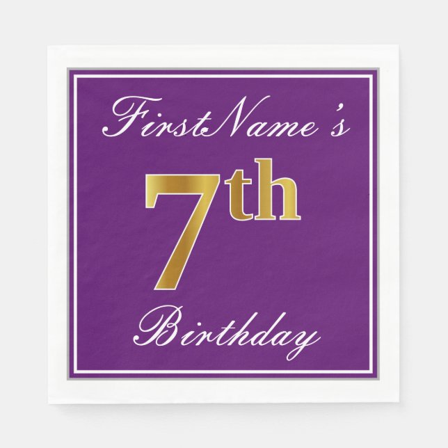 Serviettes Jetables Élégant violet, Faux Gold 7ème anniversaire + Nom (Devant)