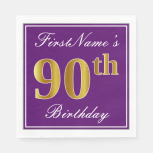 Serviettes Jetables Elégant violet, Faux Gold 90e anniversaire + Nom