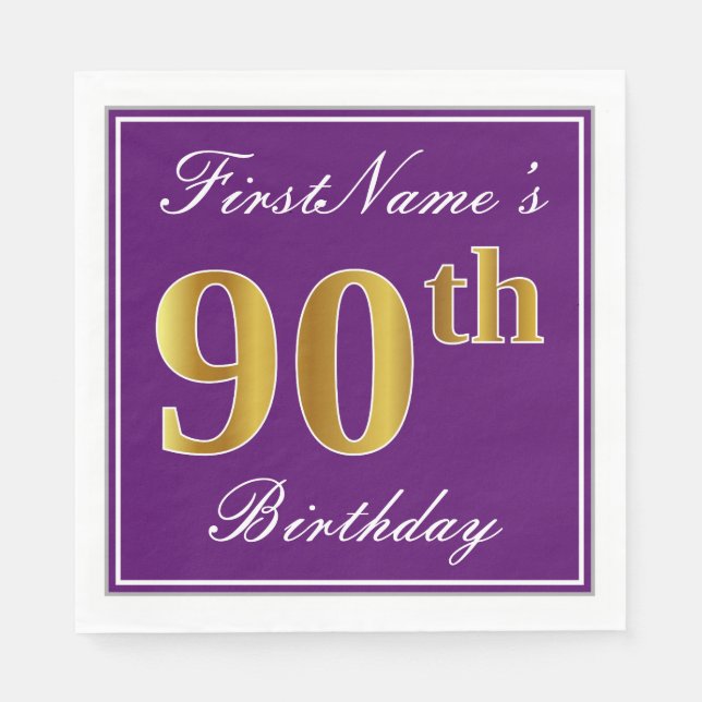 Serviettes Jetables Elégant violet, Faux Gold 90e anniversaire + Nom (Devant)