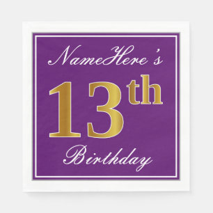 Serviettes Jetables Elégant violet, Faux Or 13ème anniversaire + Nom