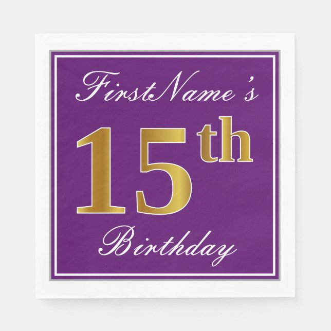 Serviettes Jetables Elégant violet, Faux Or 15ème anniversaire + Nom (Devant)