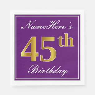 Serviettes Jetables Elégant violet, Faux Or 45ème anniversaire + Nom