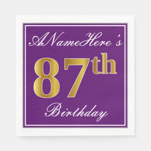 Serviettes Jetables Elégant violet, Faux Or 87ème anniversaire + Nom