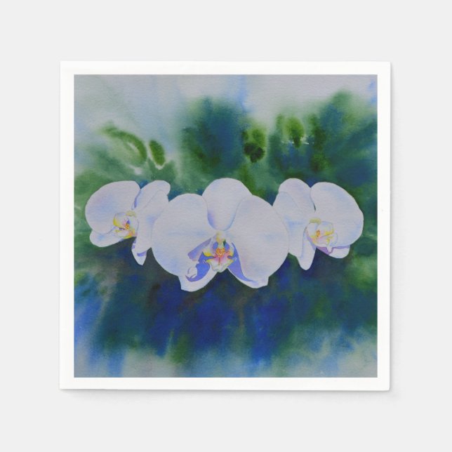 Serviettes Jetables Elégante aquarelle blanche orchidées boho tropical (Devant)