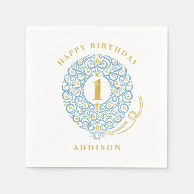 Serviettes Jetables Elégante Faux Foil Lacy Balloon 1er anniversaire (Devant)