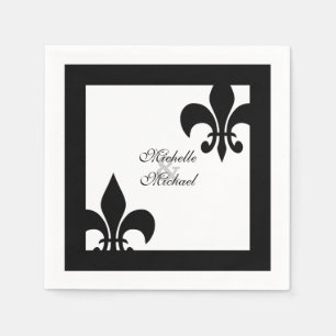 Serviettes Jetables Élégante Fleur de Lis Mariage noir blanc